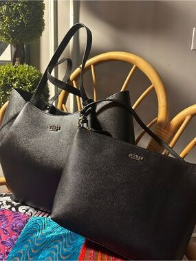 GUESS Black Tote with Matching Black makeup bag